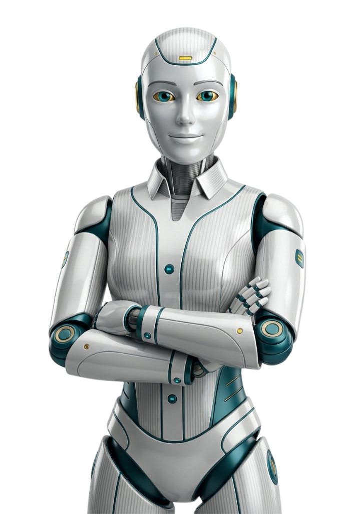 LIAA – Agente de IA humanóide com braços cruzados, demonstrando autoridade e confiança